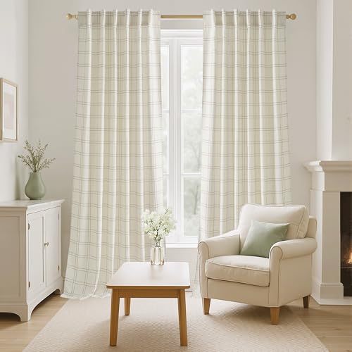 Rustic Plaid Linen Blend Gingham Curtains 84 Inches for Bedroom (52"W x 84"L (Pack of 2) / Grid Pattern | Light Beige)