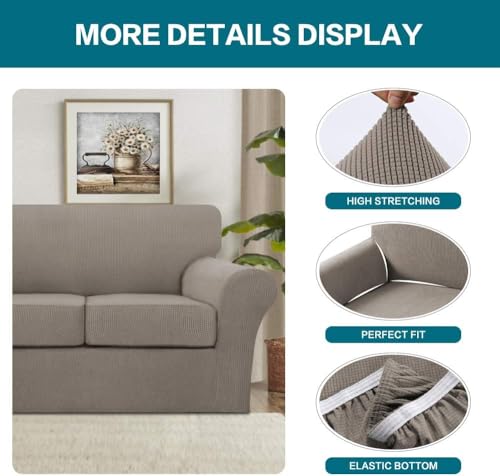 4 Piece Sofa Covers for 3 Cushion Couch Sofa Slipcover Soft Couch Cover for Dogs Washable Furniture Cover with 3 Individual Large Cushion Covers Feature Fabric (L Sofa (3 Cushion) / Taupe)