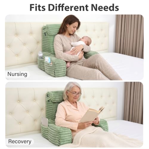 22" XL Back Pillow for Bed Sitting Up with Armrests & Big Pockets (Sage Green / XL(5'3"-5'11"))