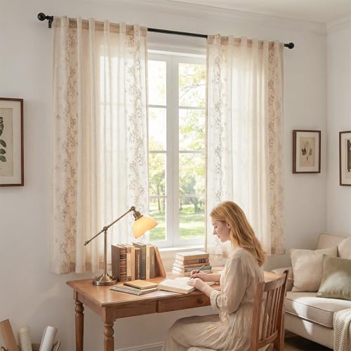 Floral Linen Curtains 63 Inch Farmhouse Back Tab 2 Panels (Vine | Beige / 50"W x 63"L (Pack of 2))