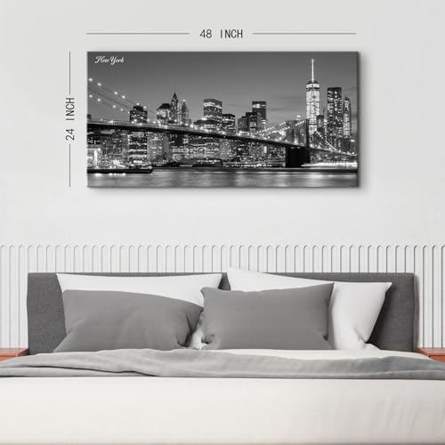 New York Wall Art for Living Room Brooklyn Bridge Canvas Prints Black and White Manhattan Night View Posters Modern Cityscape Panoramic Painting Artwork for Bedroom Office Home Decoration 24x48" (48"L x 24"W / New York)