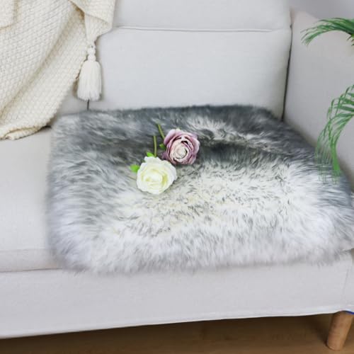 Square Fur Sheepskin Chair Cover Seat Cushion Pad Super Soft Area Rugs for Living Bedroom Sofa 18" x 18" (Gray Tip / 18" x 18" (Pack of 1))