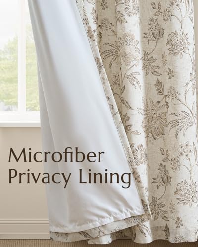Taupe Floral Linen Curtains Lined 84 Inch Cottage Back Tab 2 Panels (*Jacobean Taupe / 50"W x 84"L (Pack of 2))