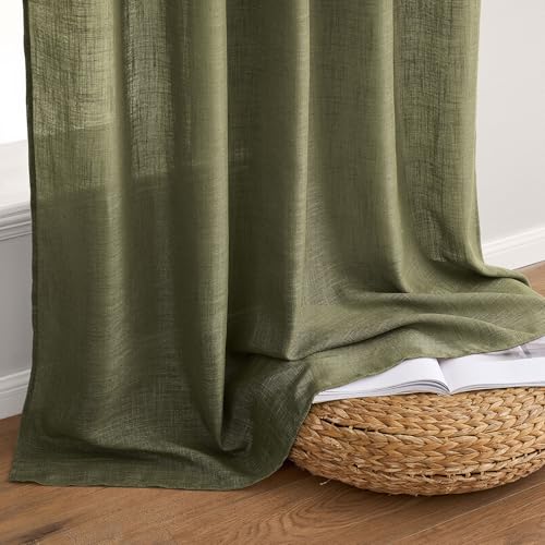 Light Olive Green Linen Curtains 52x90 Inch Long 2 Panel for Bedroom (52"W x 90"L (Pack of 2) / Light Olive Green)