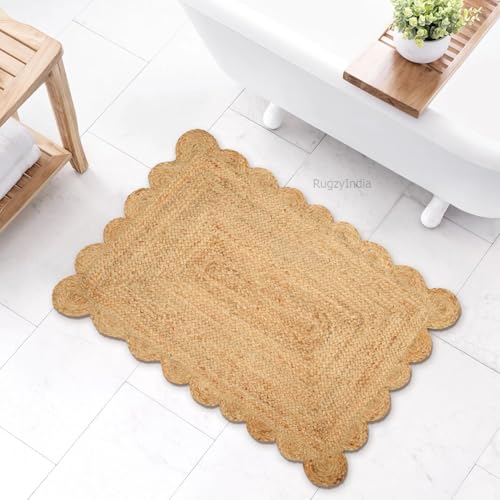 Natural Tan and Trim Jute Area Rug 3x5 ft Handwoven Rug with Natural Border Scalloped Durable Beign Scallop Pattern Area Rug for Living Room (3'x5' / Natural)
