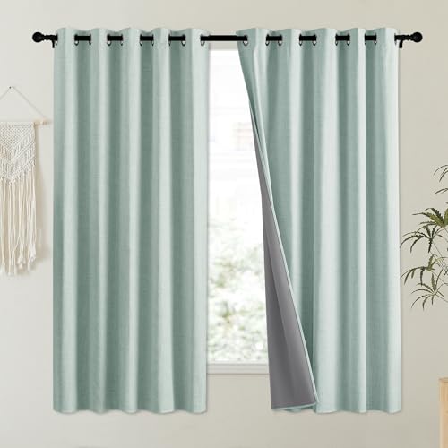 100% Absolutely Blackout Linen Curtains with Thermal Insulated Liner (62"W x 63"L (Pack of 2) / Seafoam Green)