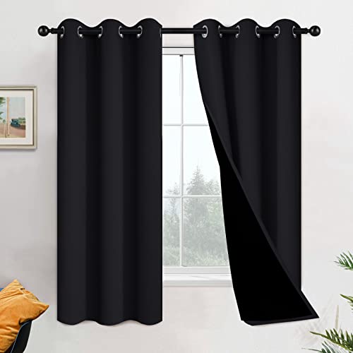 100% Blackout Lined Pair Curtains for Bedroom (42"W x 63"L (Pack of 2) / Black)