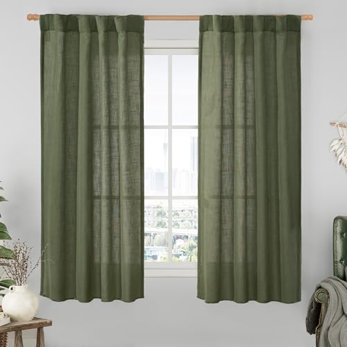 Linen Curtains 60 Inch Length 2 Panels (Olive Green / 34"W x 60"L (Pack of 2))