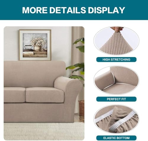 4 Piece Sofa Covers for 3 Cushion Couch Sofa Slipcover Soft Couch Cover for Dogs Washable Furniture Cover with 3 Individual Large Cushion Covers Feature Fabric (L Sofa (3 Cushion) / Sand)