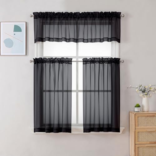 Black Sheer Curtains 30 inch Length 2 Panels (Black / 42"W x 30"L (Pack of 2))