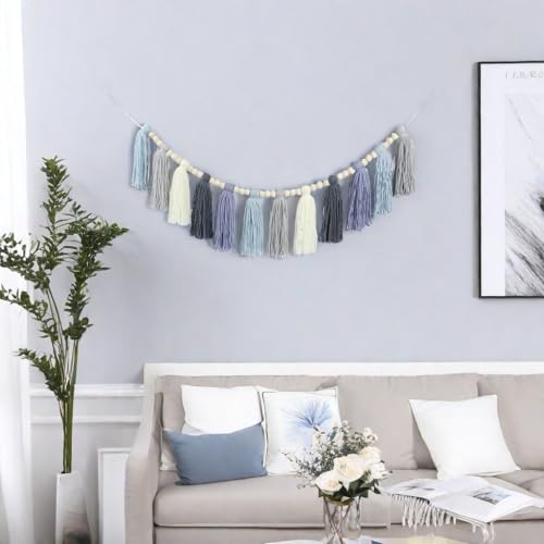 Tassel Garland with Wood Bead Jungle Leaves Garland Banner for Classroom Party Nursery Kids Bedroom Room Wall Birthday Baby Shower Wedding Decor (F)