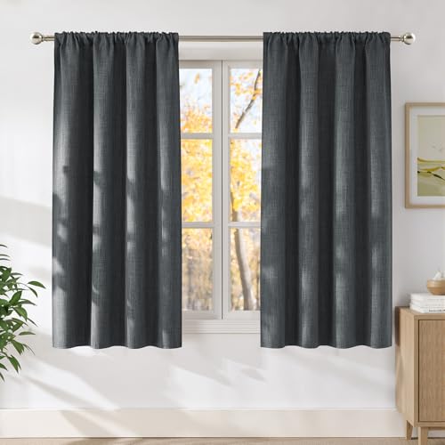 Charcoal Gray Faux Linen Room Darkening Rod Pocket Curtains 63 inch Length (Linen Charcoal Gray / 42"W x 63"L (Pack of 2))