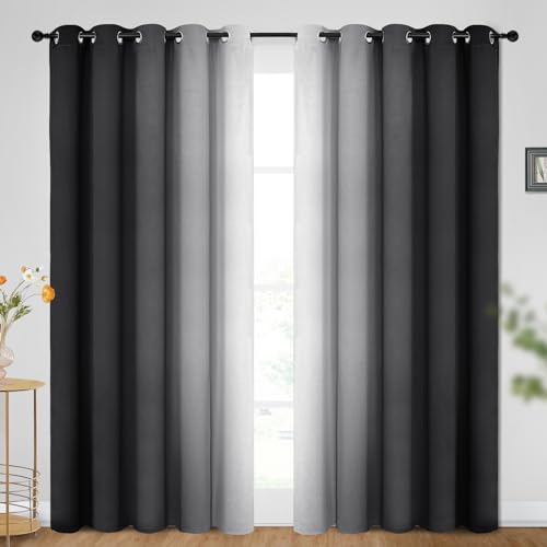 Ombre Black to Grey White Curtains for Living Room 70Wx84L (70"W x 84"L (Pack of 2) / Black)