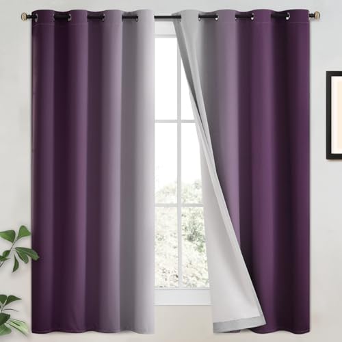 100% Blackout Curtains Ombre Purple Curtains for Bedroom 63 Inch (52"W x 63"L (Pack of 2) / Purple 2 Layers)