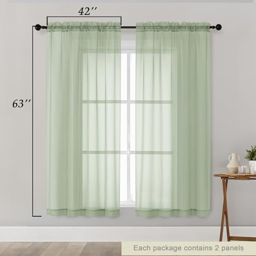 Light Green Sheer Curtains 63 Inch Length 2 Panels Set for Living Room Bedroom (Light Green / 42"W x 63"L (Pack of 2))