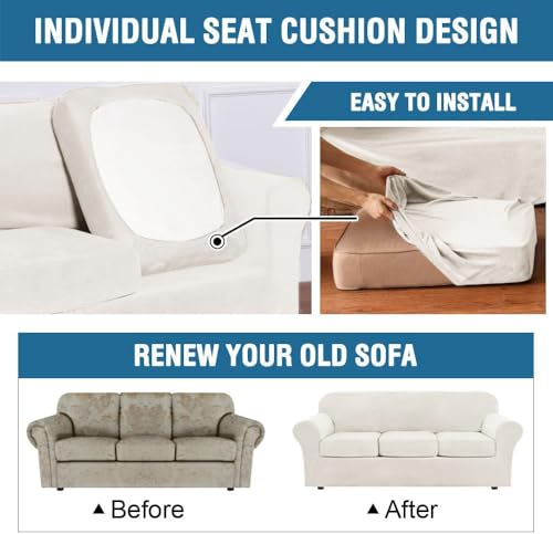 Modern Velvet Plush 4 Piece High Stretch Sofa Slipcover Sofa Cover Furniture Protector Form Fit Thick Velvet Sofa Cover for 3 Cushion Couch Width Up to 90 Inch (3 Cushion Sofa / Porcelain White)