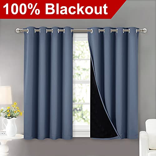 100% Blackout Curtains with Black Liners (Stone Blue / 52"W x 45"L (Pack of 2))