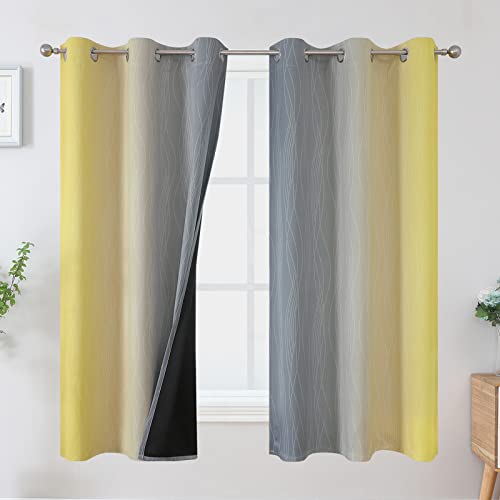 Yellow and Grey Ombre Blackout Curtains for Living Room 42Wx63L Inch Length (Yellow and Grey / 42"W x 63"L (Pack of 2))