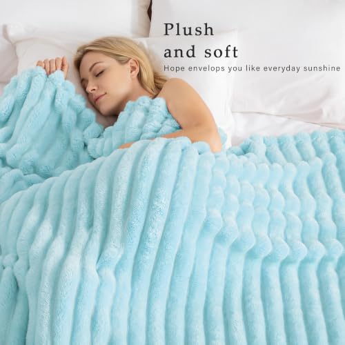 Striped Queen Size Fleece Blanket for Bed (Light Blue / Queen ( 90x90 IN ))