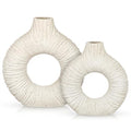 White Donut Vase with Stripes Texture for Home Office Decor (Long-Neck)