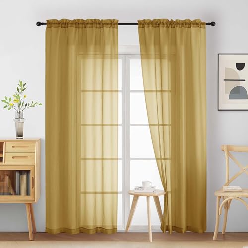 Gold Sheer Curtains 90 Inches Long 2 Panels (42"W x 90"L (Pack of 2) / Gold)
