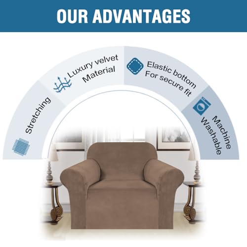 Stretch Velvet Armchair Cover Couch Covers 1 Cushion Chair Slipcover for Living Room Furniture Cover Crafted from Thick Comfy Rich Velour (Mocha / Armchair)