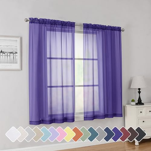 Purple Short Sheer Curtains 45 Inch Length for Small Windows (Purple / 42"W x 45"L (Pack of 2))