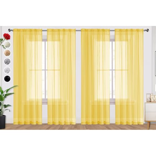 Yellow Sheer Curtains 4 Panels Rod Pocket Semi (Yellow / 52"W x 45"L (Pack of 4))