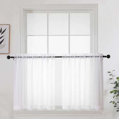 White Short Sheer Curtains 24 Inches Long 2 Panels Set for Kitchen Window (White / 42"W x 24"L (Pack of 2))