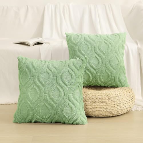 Faux Fur Light Sage Green Throw Pillow Covers 18x18 Set of 2 (18" x 18" (Pack of 2) / Light Sage Green)
