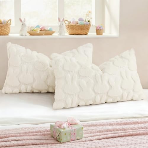 Cream White Faux Fur Bunny Throw Pillow Covers 12x20 Set of 2 (20" x 12" (Pack of 2) / Rabbits Cream White)