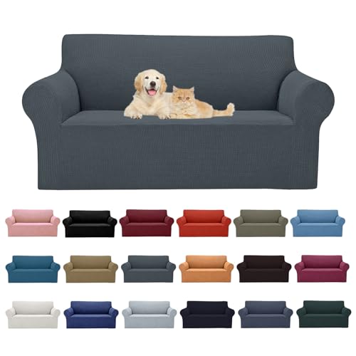 2026 New Stretch Loveseat Sofa Slipcovers Couch Cover for 2 Cushion Furniture Protector Sofa Covers with Elastic Bottom Jacquard Fabric Small Checks for Pets (Grey / Loveseat)