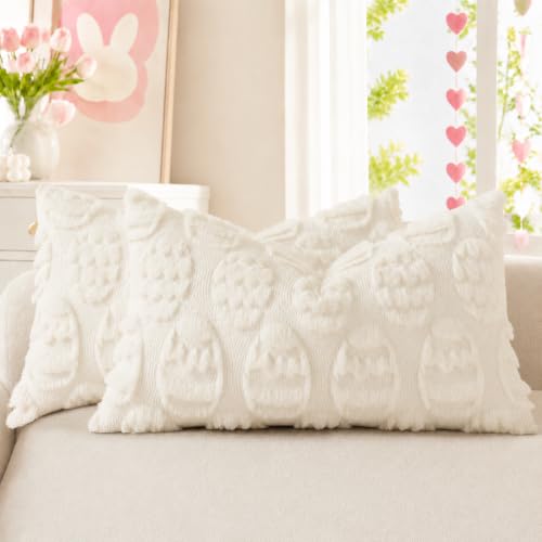 Cream White Faux Fur Egg Throw Pillow Covers 12x20 Set of 2 (20" x 12" (Pack of 2) / Eggs Cream White)