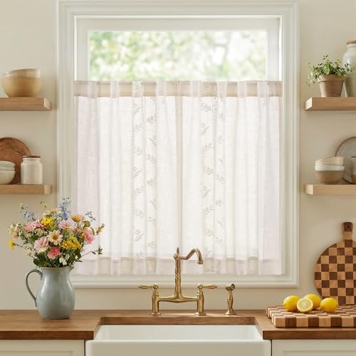 White Floral Linen Kitchen Tier Curtains 36 Inch (A| Off White / 26"W x 36"L (Pack of 2))