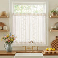 White Floral Linen Kitchen Tier Curtains 36 Inch (A| Off White / 26"W x 36"L (Pack of 2))