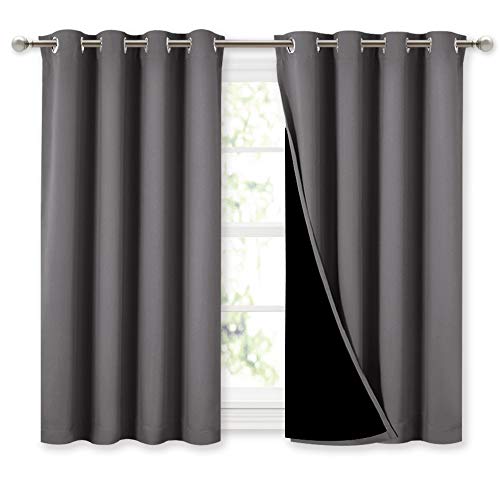 100% Blackout Curtains with Black Liners (Grey / 52"W x 45"L (Pack of 2))