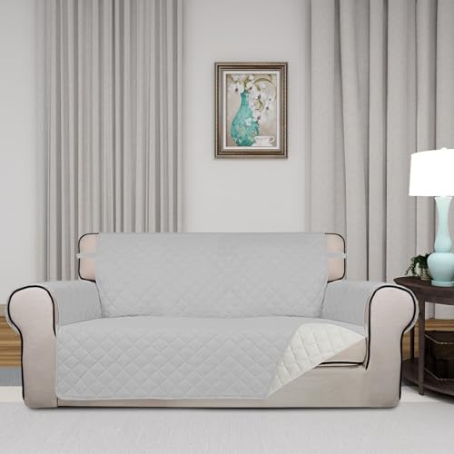 Reversible Quilted Couch Covers for Dogs Loveseat Sofa Cover 54" (Medium-XL / Light Gray/Ivory)