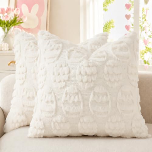 Cream White Faux Fur Egg Throw Pillow Covers 18x18 Set of 2 (18" x 18" (Pack of 2) / Eggs Cream White)