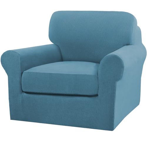 2 Piece Chair Covers Armchair Slipcovers for Living Room Armchair Sofa Cover with Individual Cushion Covers Feature Jacquard Fabric (Armchair (1 Cushion) / Storm Blue)