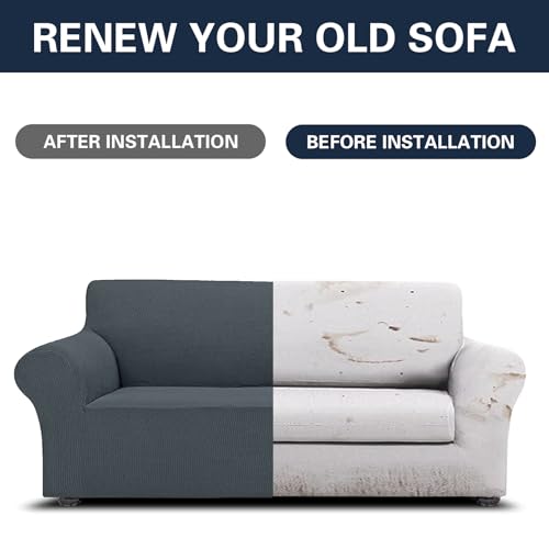 2026 New Stretch Oversized Sofa Slipcovers Couch Sofa Cover for 4 Seater Furniture Protector Covers with Elastic Bottom Jacquard Fabric Small Checks for Pets (Grey / Oversized Sofa)