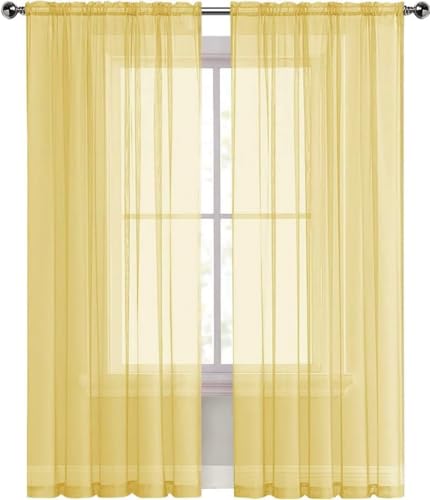 Sheer Voile Window Treatment Rod Pocket Curtain Panels for Kitchen Bedroom Living Room Drapes Sunlight Filtering Privacy Semi Home Decor Assorted Colors Sizes (Yellow / 52"W x 84"L (Pack of 2))