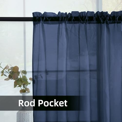 Sheer Voile Window Treatment Rod Pocket Curtain Panels for Kitchen Bedroom Living Room Drapes Sunlight Filtering Privacy Semi Home Decor Assorted Colors Sizes (Navy / 52"W x 90"L (Pack of 2))