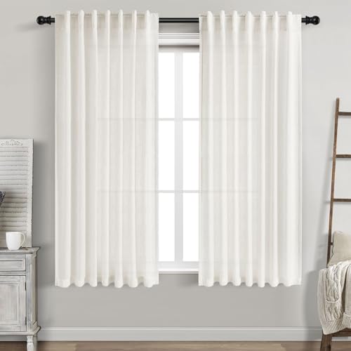 Beige White Curtains 63 Inches Long 2 Panel Sets for Living Room Bedroom Light Filtering Linen Drapes for Kitchen Windows Rod Pocket Back Tab Short See Through Curtain Home Decor 52x63 (52"W x 63"L (Pack of 2) / Beige White)