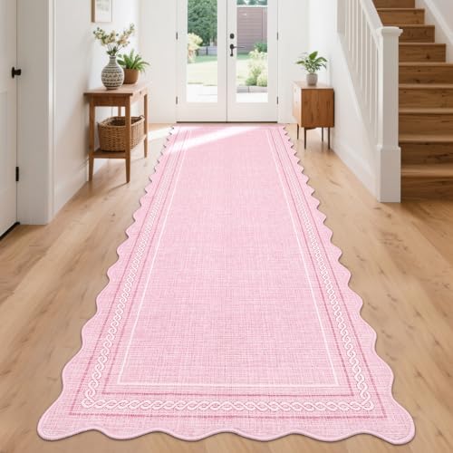 Scalloped Washable Runner Rug 2x10 Kitchen Runner Non Slip (Pink / 2' x 10' (Runner))