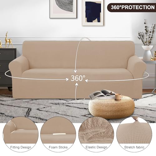 Stretch Couch Cover Sofa Covers for 3 Cushion Couch Slipcover with Elastic Bottom Furniture Protector for Dogs (Camel / Sofa)