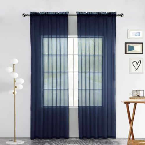 Sheer Voile Window Treatment Rod Pocket Curtain Panels for Kitchen Bedroom Living Room Drapes Sunlight Filtering Privacy Semi Home Decor Assorted Colors Sizes (Navy / 52"W x 90"L (Pack of 2))