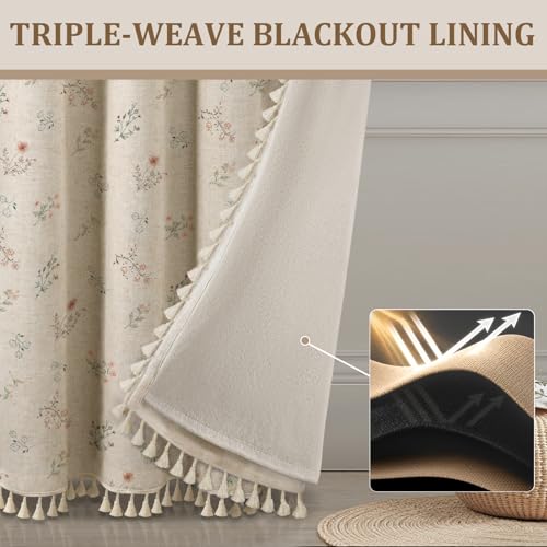 Boho Floral 100% Blackout Curtains 84 Inch 2 Panels Linen Texture (Blackout Vintage Florals / 52"W x 84"L (Pack of 2))