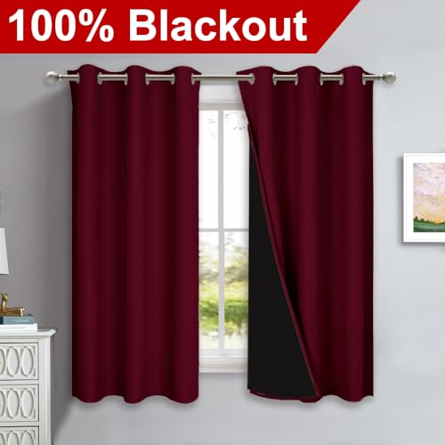 100% Blackout Short Curtains with Black Liners (Wine Red / 37"W x 60"L (Pack of 2))