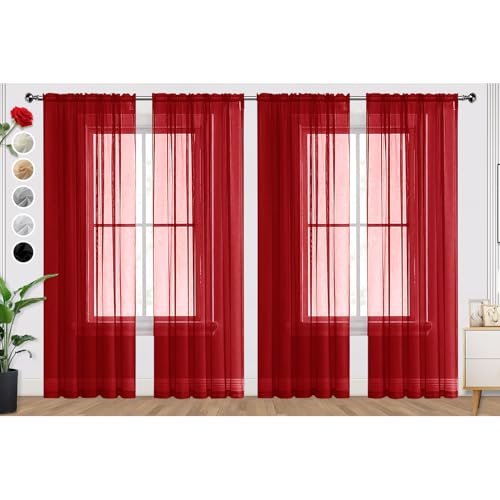 Christmas Red Sheer Curtains 4 Panels Rod Pocket Semi (Christmas Red / 52"W x 72"L (Pack of 4))