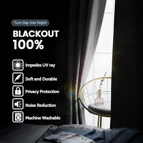 Grey 100% Blackout Curtains Room Darkening Living Room 84 Inch (Grey / 38"W x 84"L (Pack of 2))